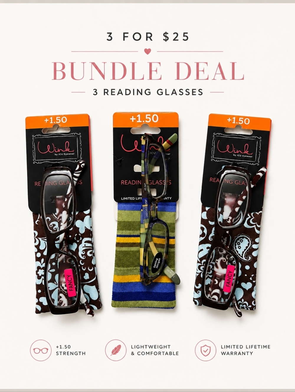 Wink Reading Glasses +1.50 Set of 3 Readers w Cases Gift Bundle